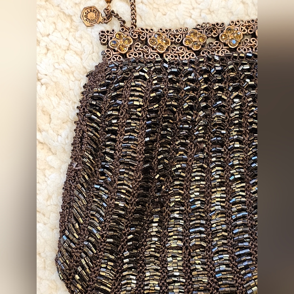 Clara Studio Inc. Evening Bag Purse Handbag Vintage Style Chain Beaded Brown - Picture 2 of 9